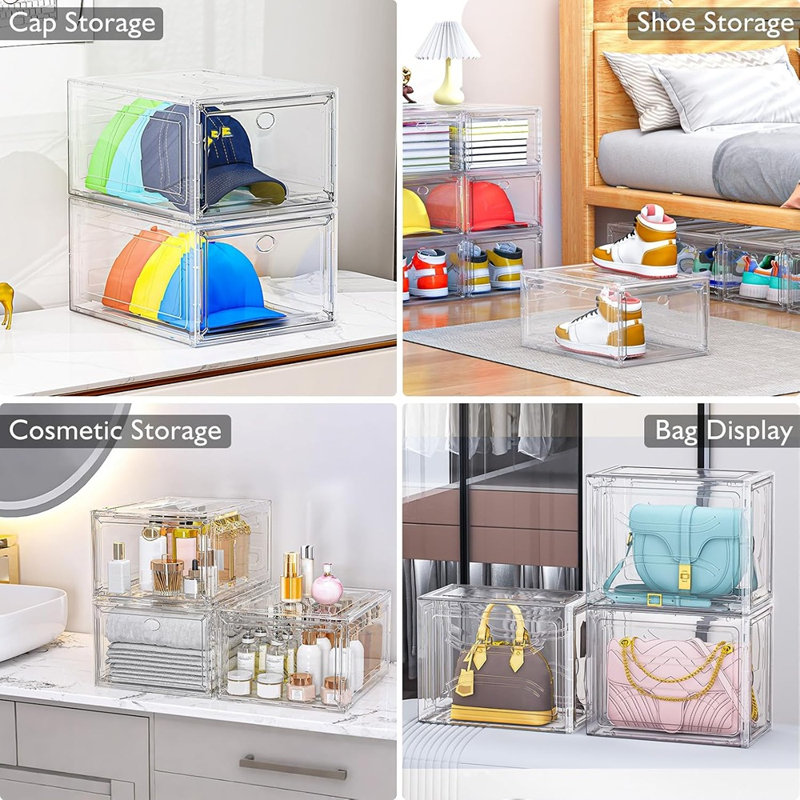 Boîtes de rangement à chaussures empilables avec portes magnétiques, organisateur de chaussures en plastique transparent pour baskets, bottes et talons, rangement gain de place pour placard, blanc