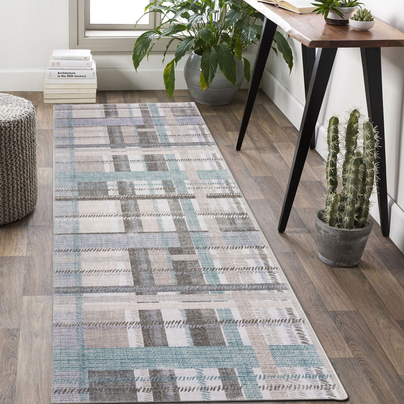 Tapis à motif de treillis moderne NELE bleu / gris multicolore lavable à la machine, Tapis de couloir 2 pi 6 po x 9 pi