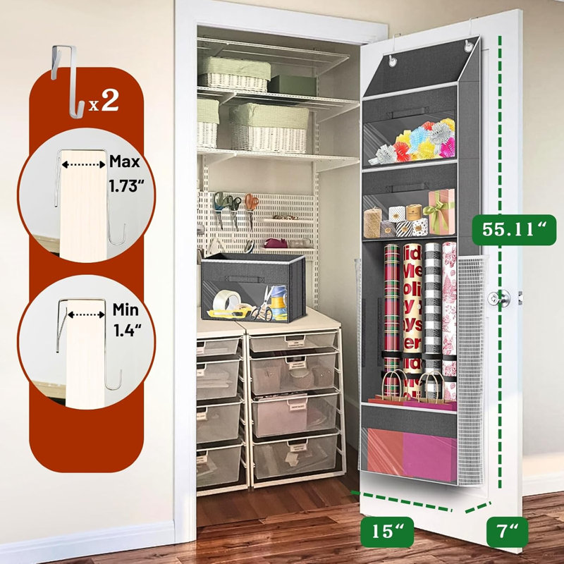 Rangement à suspendre au-dessus de la porte avec 3 tiroirs amovibles et poches latérales - Conception à double usage avec sangles élastiques - Rangement de papier cadeau pour rubans, boucles, ornements et autres outils