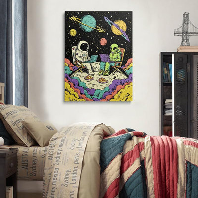 Astronaut and Alien with Laptops on Moon Funny Space Canvas Wall Art Framed Colorful Painting Prints Posters Artwork for Boys Room Kids Space Themed Wall Decor 12x16 Inches