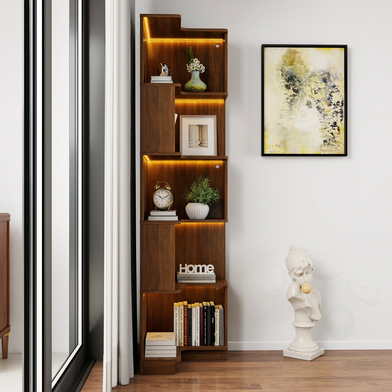 5 Tier Corner Bookshelf Bookcase with Baffle, Walnut