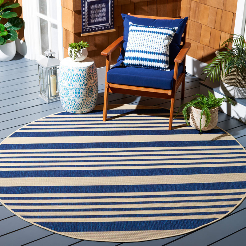 Arneshia Striped Navy/Beige Indoor / Outdoor Area Indoor/Outdoor Area Rug, Round 7'1"