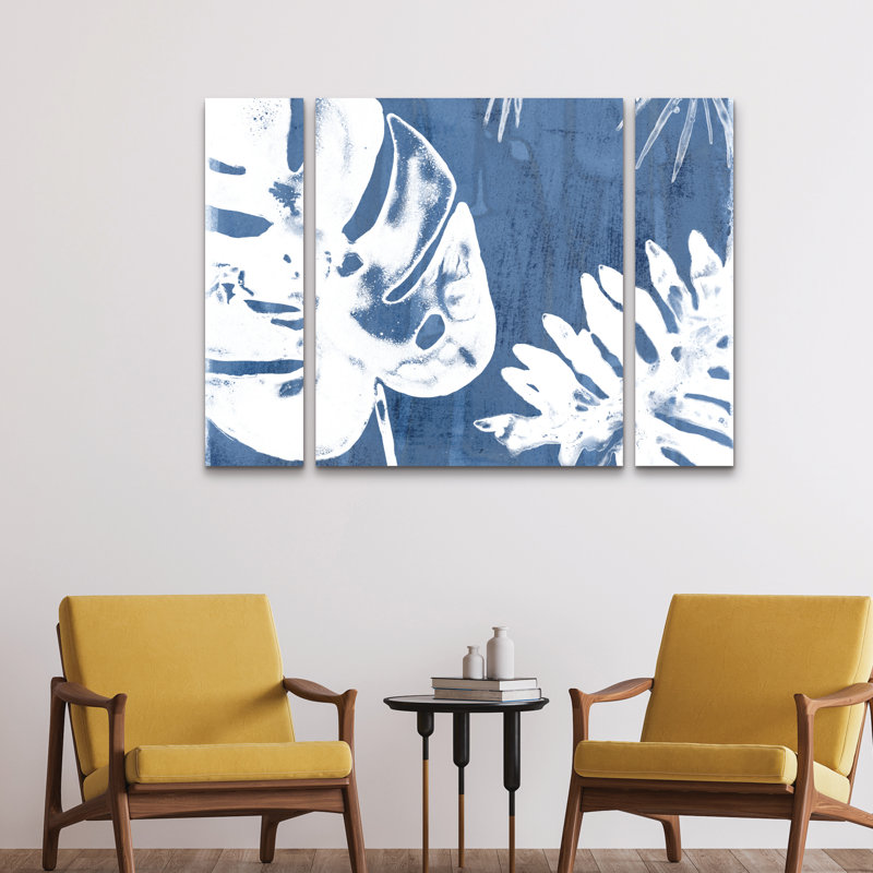 Ensemble de 3 panneaux d'art mural - "Tropical Indigo Impressions I" de June Erica Vess pour décoration de salon, de chambre à coucher ou de bureau