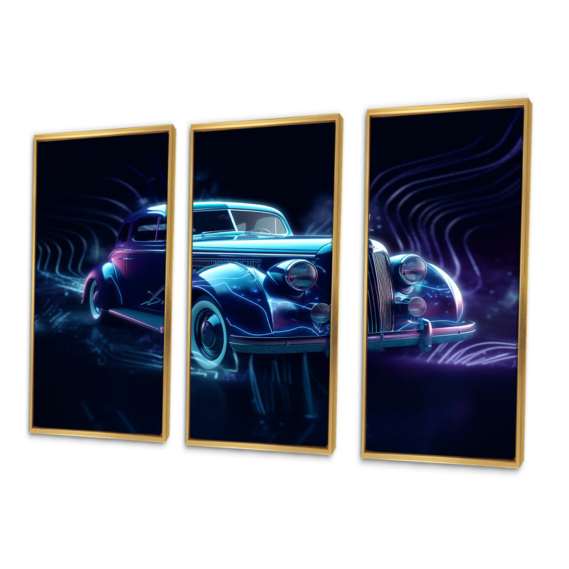 Neon Light Strips Indigo Vintage Car II - Car Vintage, Cadre flottant doré, H 32 po x l 48 po x P 1 po