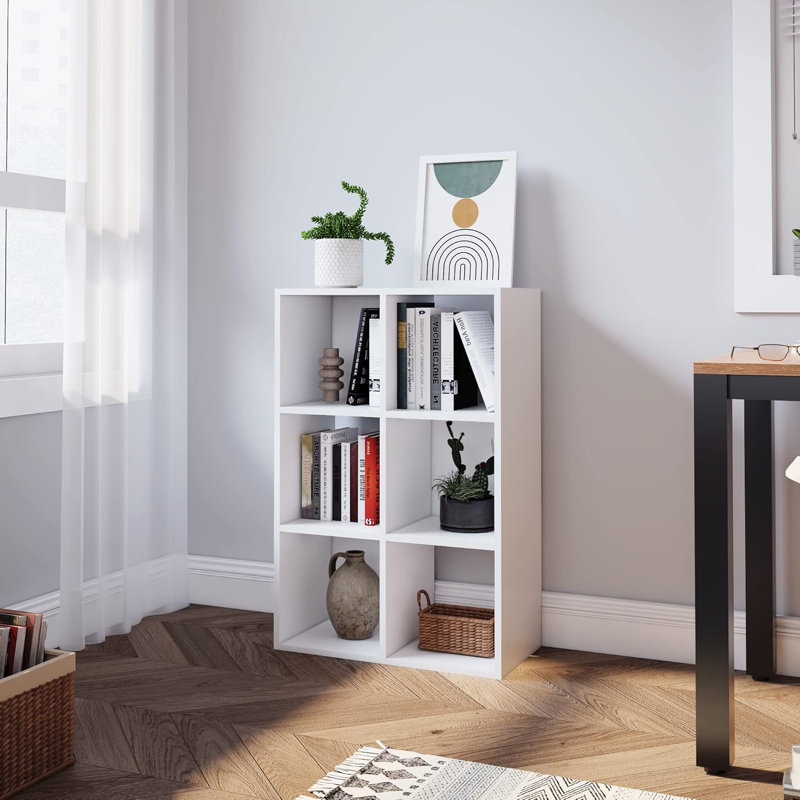 Ebern Designs Bookcase, 6 Cube Open Storage Organizer Display Bookshelf, Ivory White, (3 Shelves) 35.4"H x 25.6"W x 11.8"D