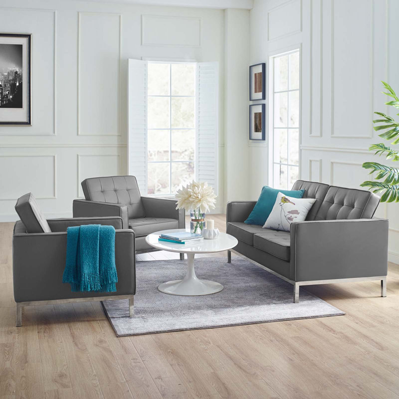 Ensemble de 3 pièces en similicuir capitonné Loft, Velours bleu sarcelle, Or