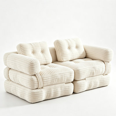 Beige 3‑in‑1 Convertible Floor Sofa Bed, Corduroy Shredded Foam Futon Couch for Living Room Bedroom Dorm