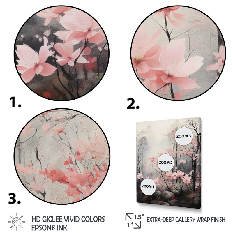 «Pink Forest Whispering Breeze I», reproduction d'art sur toile florale, H 32 po x l 24 po x P 1 po, Cadre flottant doré