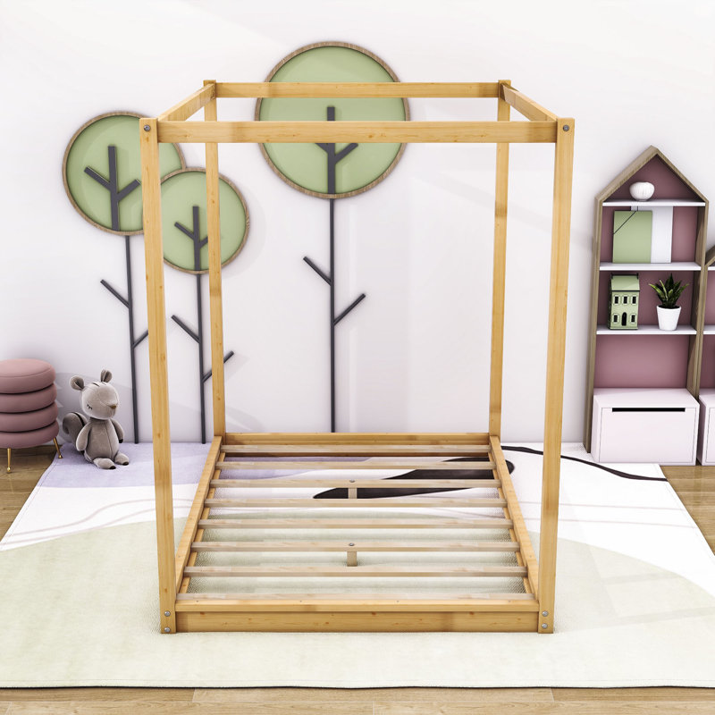 Wooden Canopy Platform Bed with Slats Support, Natural, Queen