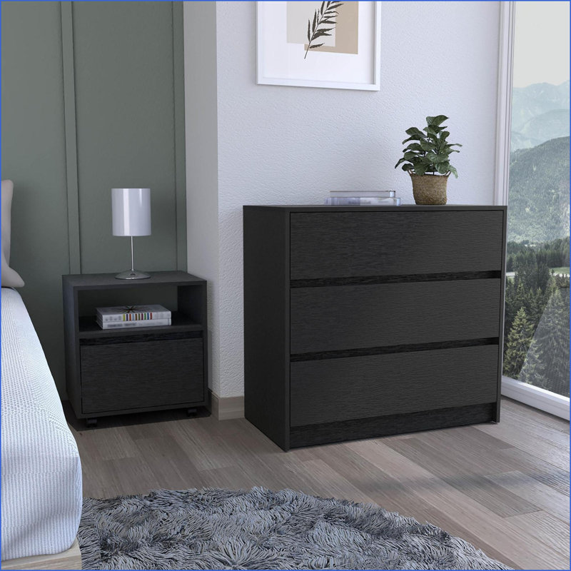 Ensemble de chambre à coucher avec table de chevet et commode 2 pièces, noir | Commodes doubles | Panneau de particules