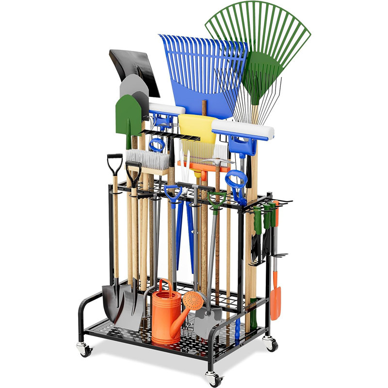 Burnettsville Tool Storage, Garden Tool Organizer with Wheels, Yard Tool Rack Garage Organization