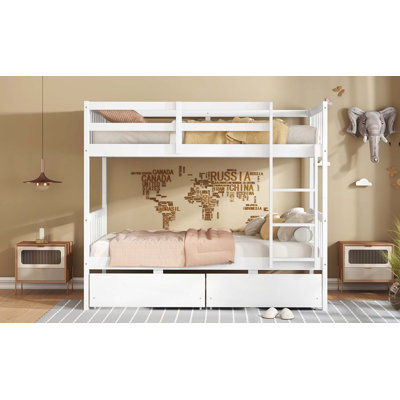 Lit superposé en bois d'hévéa avec 2 tiroirs, convertible en 2 lits simples, lit superposé avec échelle et garde-corps de sécurité