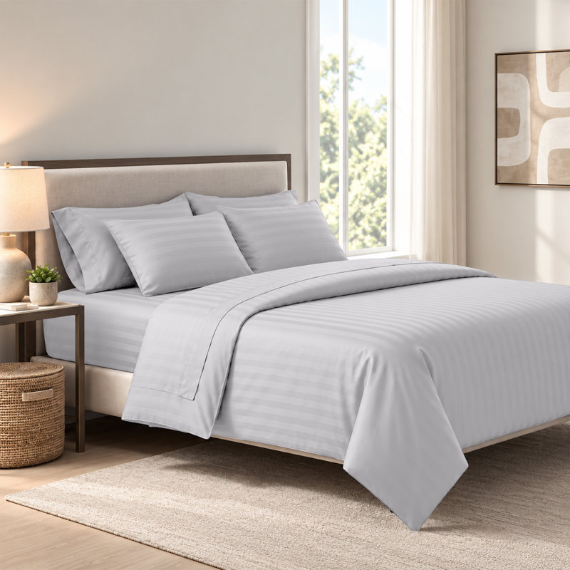 Microfiber Striped Duvet Cover Set with Pillowcases Included, Super King Duvet Cover + 3 Additional Pieces, White, 4