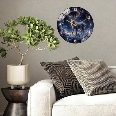 Cosmic Clock With Deer Art - 12'' Modern Glass Wall Clock