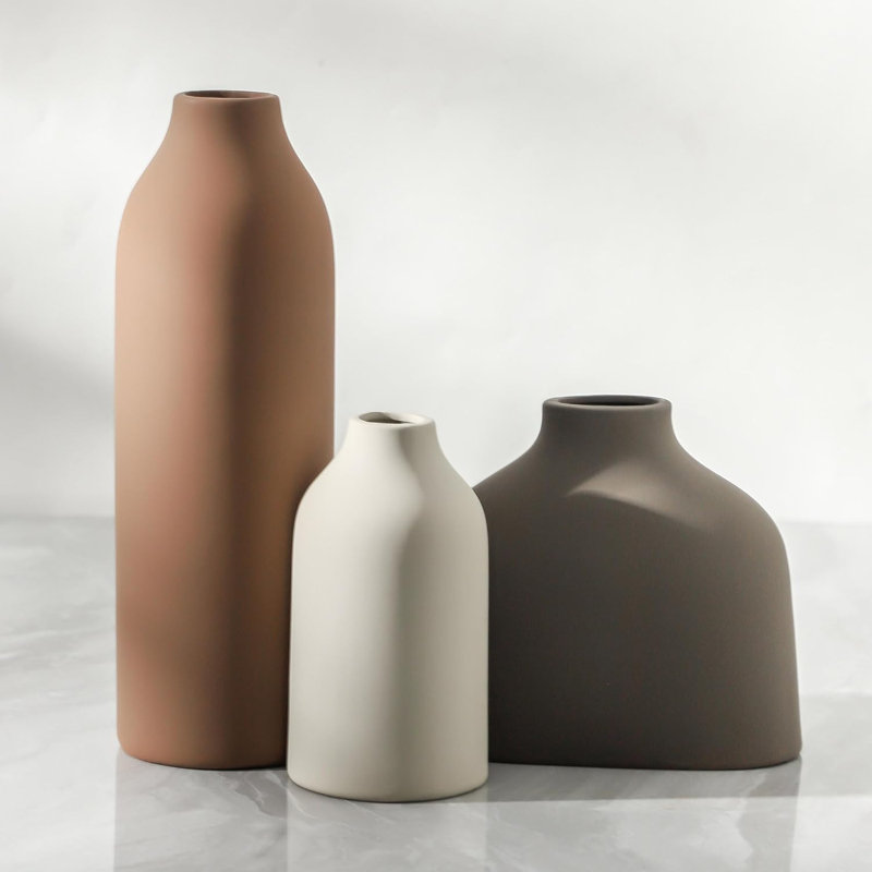 Ceramic Vase Set Of 3, Modern Farmhouse Decor For Home, Rustic Boho Flower Vases For Pampas Grass, Dried Or Fresh Flowers, Versatile Centerpiece For Living Room, Bedroom, Bookshelf Or Table