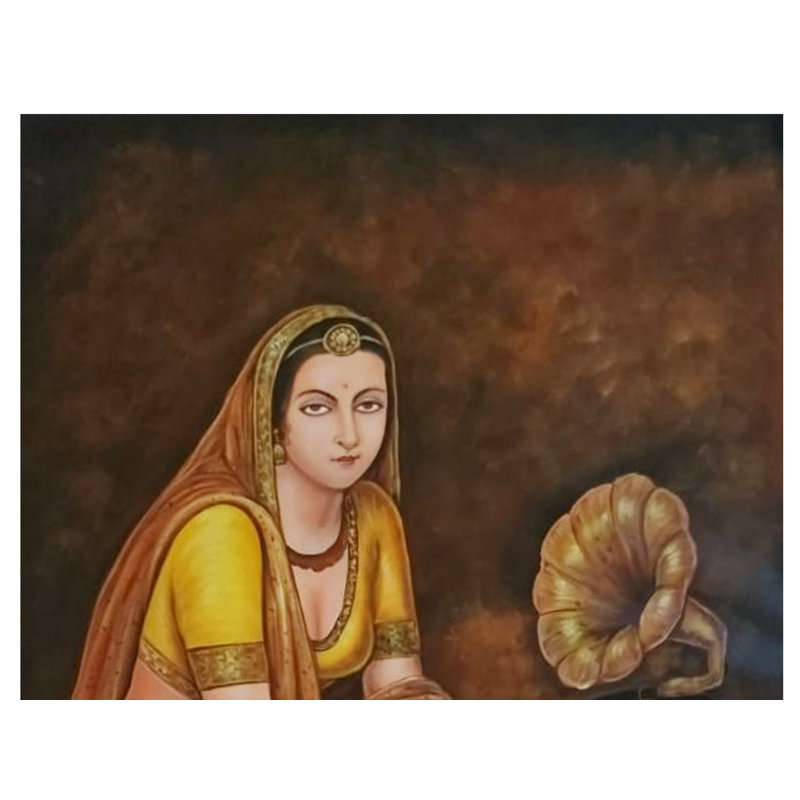 Belle Indienne avec Gramophone | Peinture à l'huile par Jagriti Sharma