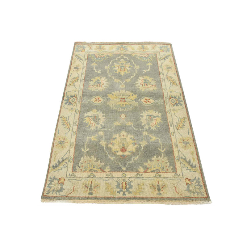 Tapis gris en laine noué à la main de conception unique 3 pi 11 po x 6 pi