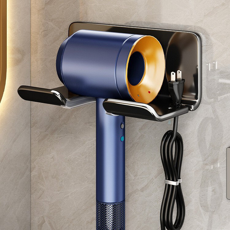 Support de sèche-cheveux mural en aluminium pour rangement dans la salle de bain, Noir, noir, noir, noir