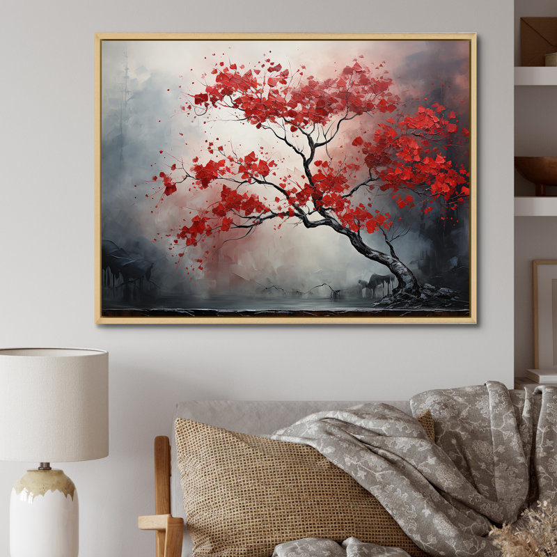 " Fiery Red Maple Tree I ", 12" H x 20" W x 1" D, Natural Floater Frame