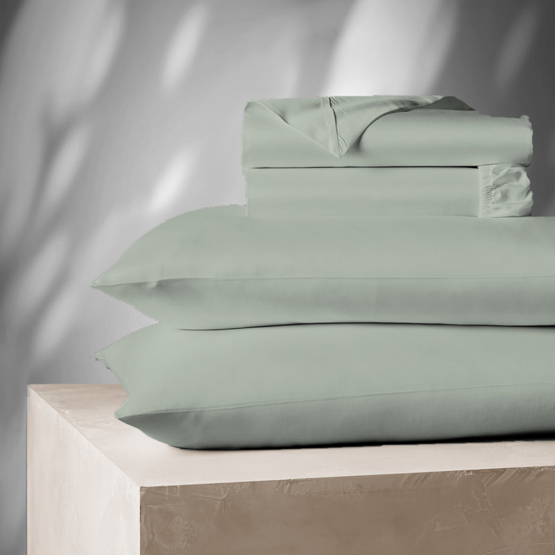 Ensemble de draps en satin de coton 1200TC Premium, Ensemble de draps pour lit double avec 2 taies d'o, Vert clair