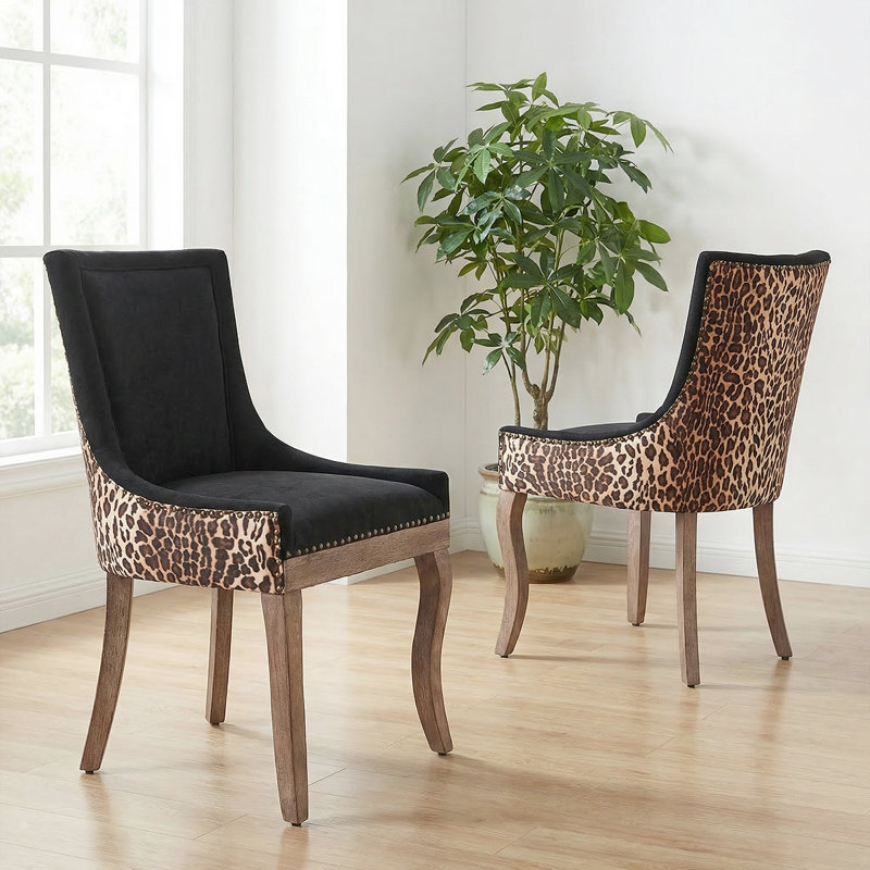 Chic Mid-Century Dining Chair Set(Set Of 2) - High Back Support, Solid Wood Frame, Bronze Accents, Black/Brown Animal Print