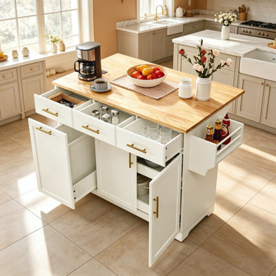 47.2 Inch Kitchen Island with Storage 2 Pull Out Cabinet Organizers Rubber Wood Drop Leaf Rolling Kitchen Island with Trash Can Storage Power Outlet Spice and Towel Rack for Kitchen White