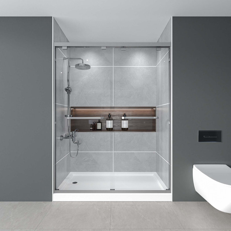 Porte de douche coulissante double l 56 à 60 po x H 72 po, verre trempé ANSI / SGCC de 1/4 po (6 mm), empreinte digitale, conception résistante