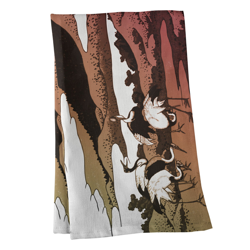 Serviette de thé japonaise grues, Brun, Polyester sergé