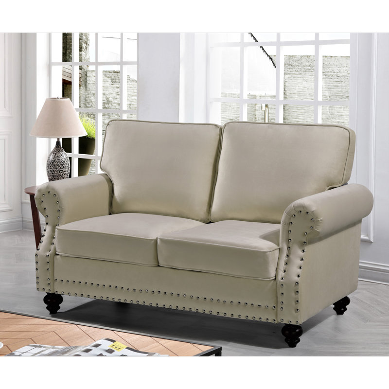 Hananiah Velvet Sofa, Beige, 37.4" H x 61.42" W x 33.9" D