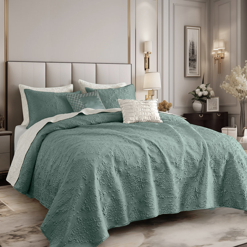 Ensemble de literie 5 pièces Satin, Courtepointe grande taille et 4 pièces supplémen, Bleu minéral