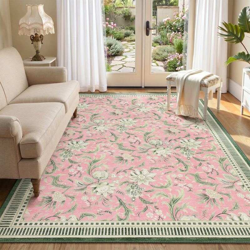 Washable Area Rug, 9x12 Floral Soft Rug for Living Room, Non Slip Low Pile Carpet for Living Room, Bedroom, Dining Room, Pink