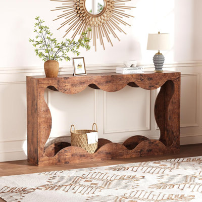 63" Farmhouse Scalloped Console Table, Narrow Sofa Table with Storage for Entryway & Living Room