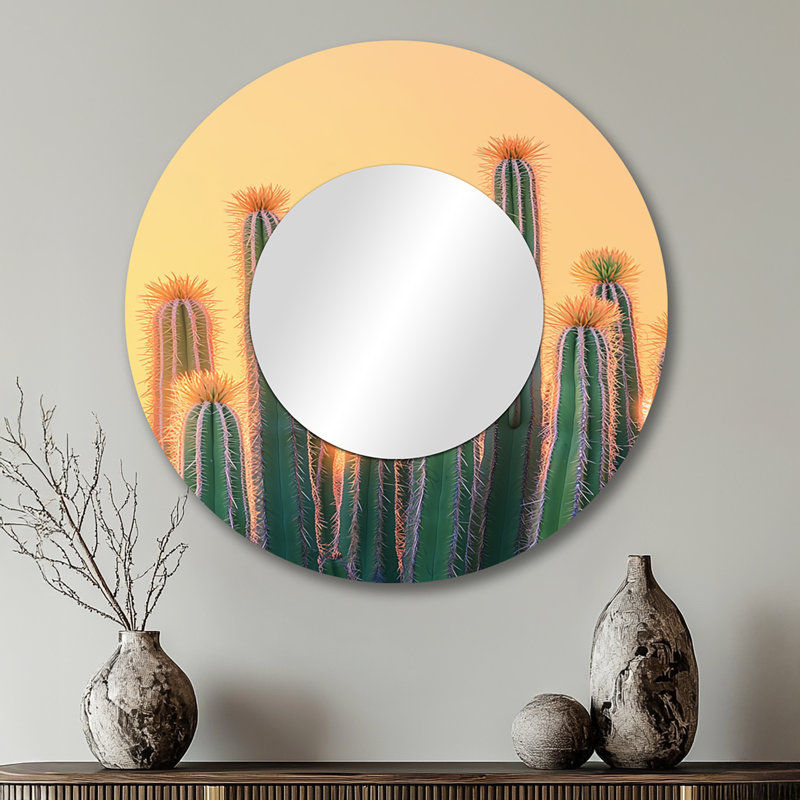 Pastel cactus au lever du soleil I - art mural miroir floral cactus - imprimé sur métal, 29 po x 29 po