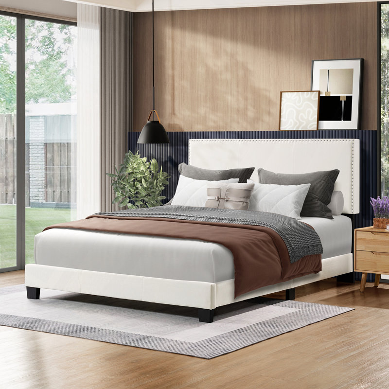 Lit plateforme tapissier en lin, Beige, Lit double