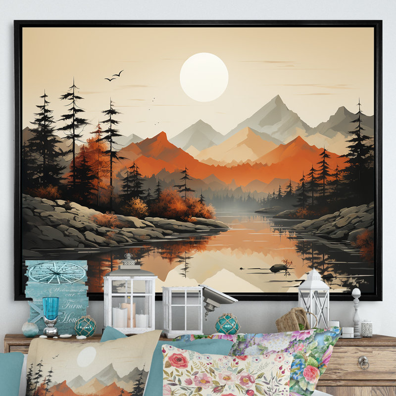 «Mountains Whisper Sunset Dreams», reproduction d'art mural, H 16 po x l 32 po x P 1 po, Cadre flottant noir