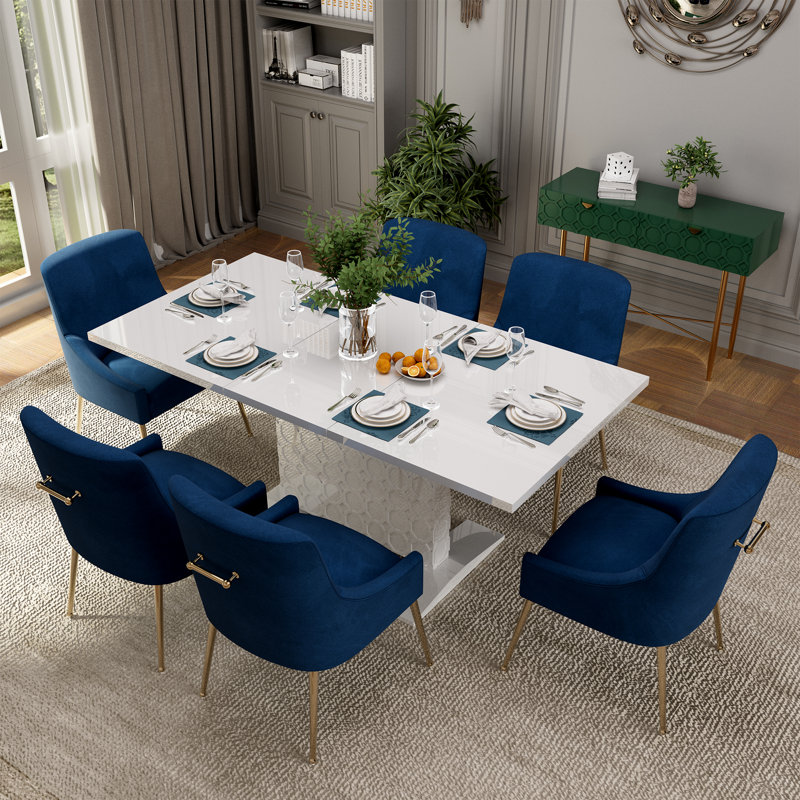 Table de salle à manger extensible pour 6 personnes Magallanes, Blanc, Bleu marine