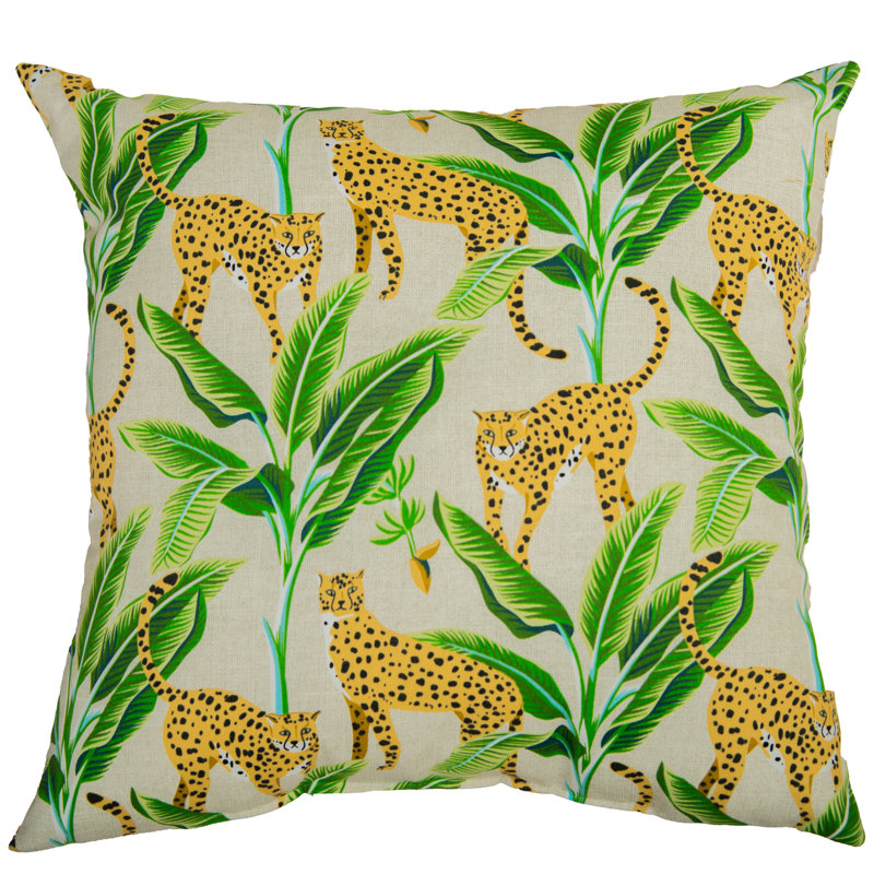 22" Beige and Green Canvas Square Throw Pillow with Cheetah Print
