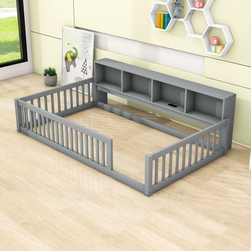 Lit de sol moderne Keidi avec rangement et ports USB, Gris