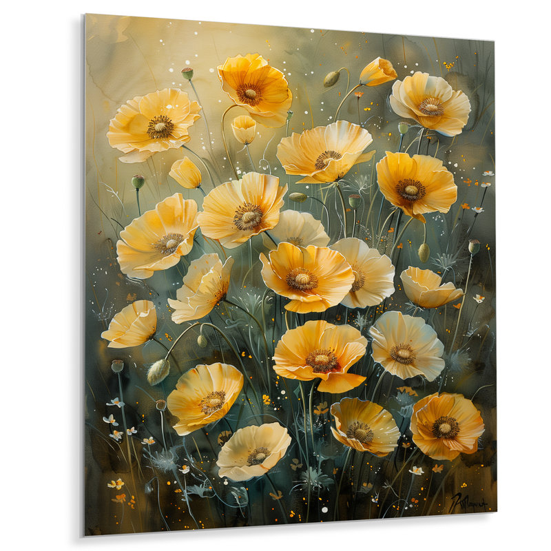 «Yellow Poppies Whispers Of Joy II», impression d'art mural coquelicots, Métal métal, H 16 po x l 32 po