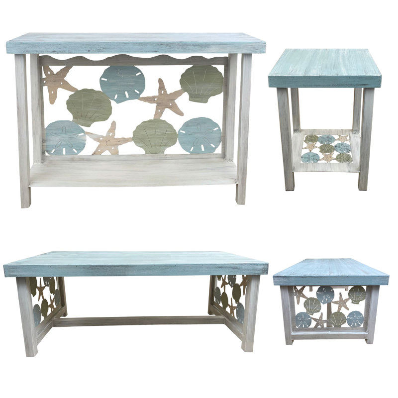 SHELLS TABLE SET. 1- Rectangle Sofa Table, 1- Rectangle Coffee Table, 2- Square Iron End Tables