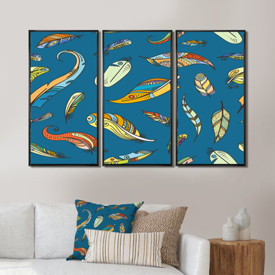 «Whirling Boho Feathers of Blue», reproduction de cadre flottant sur toile 3 pièces