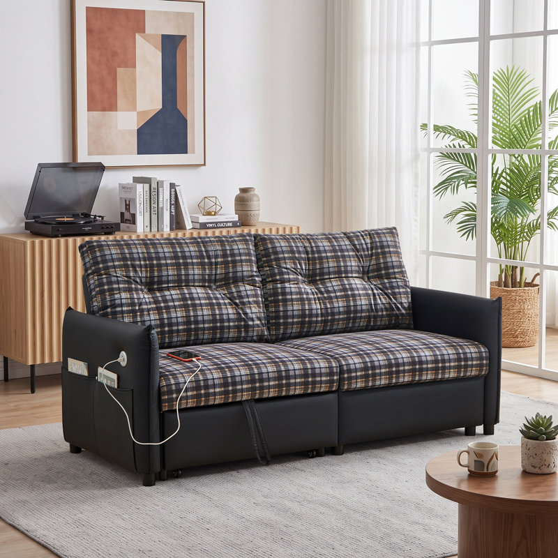 Canapé-lit convertible en velours de 177 cm (69,7 po), canapé-lit 3 en 1 avec pouf et rangement, futon d'angle multifonctionnel avec ports de chargement USB pour petits espaces de salon