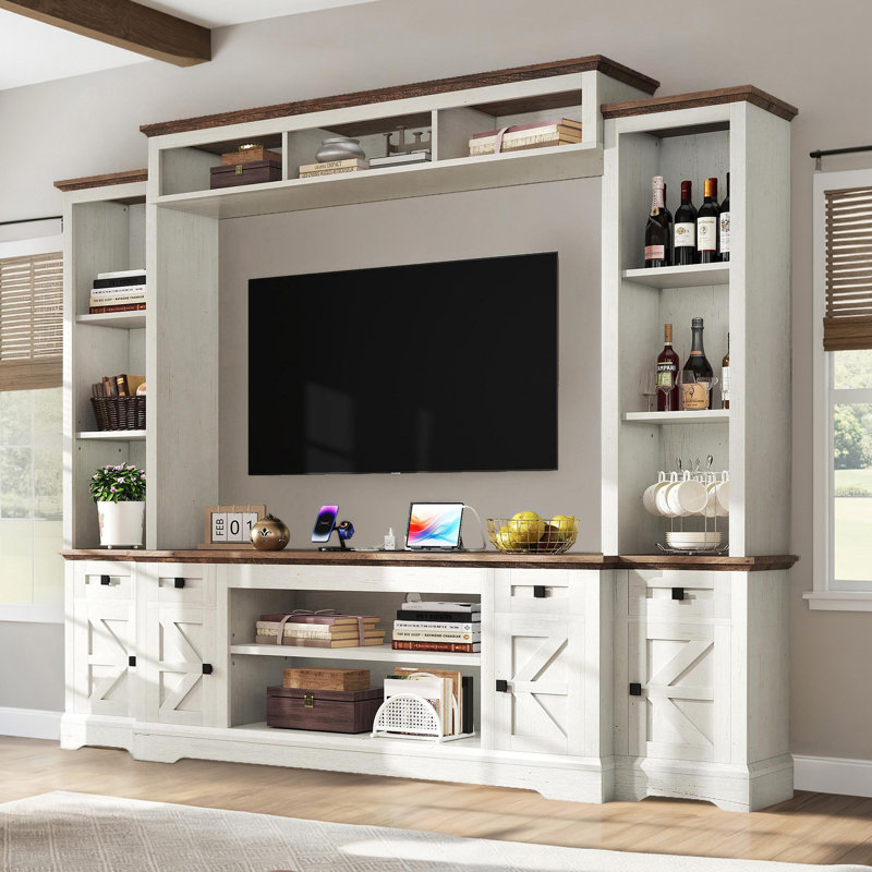 Donyell Farmhouse 98"W Wall Unit Entertainment Center For Tvs Up To 70",White, White, No