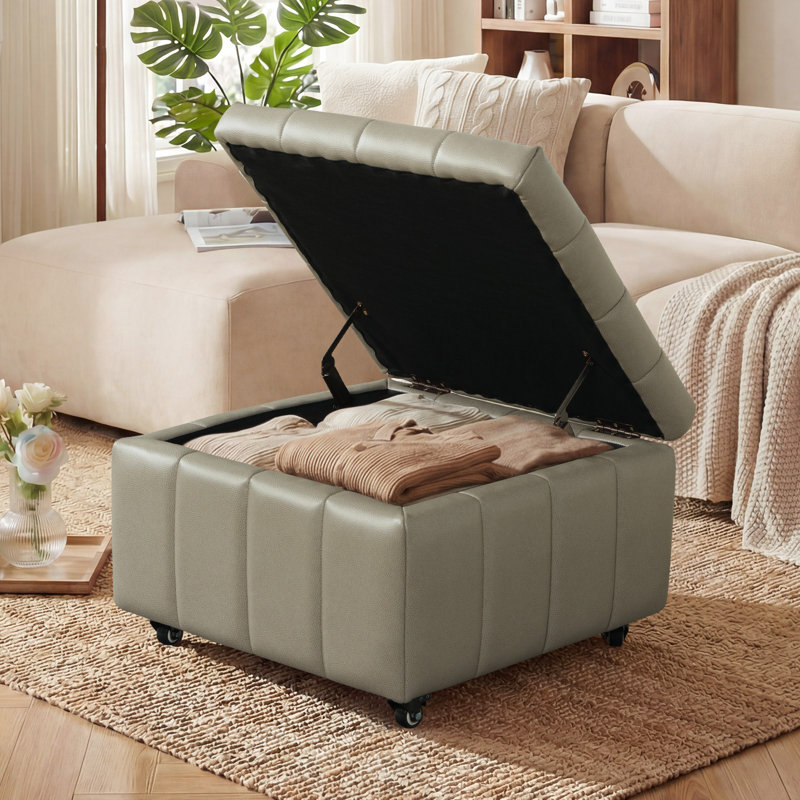 23.5" W Square Faux Leather Ottoman With Storage Puff with Casters, Modern Gray