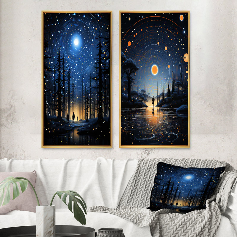 «Native Art Blue Celestial Guardians», 2 pièces, H 24 po x l 20 po, Encadrement doré