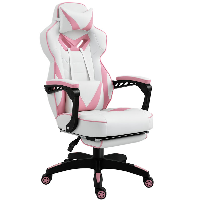 Inbox Zero Jagjit Adjustable Reclining Ergonomic Faux Leather Swiveling PC & Racing Game Chair, Pink/White