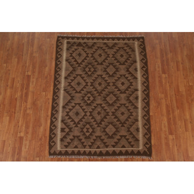 Tapis brun en laine noué à la main de conception unique 4 pi 11 po x 6 pi 7 po New Age