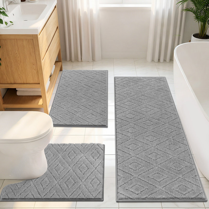 Checkered Absorbent Non-Slip Bathroom Rug (Set of 3), Gray