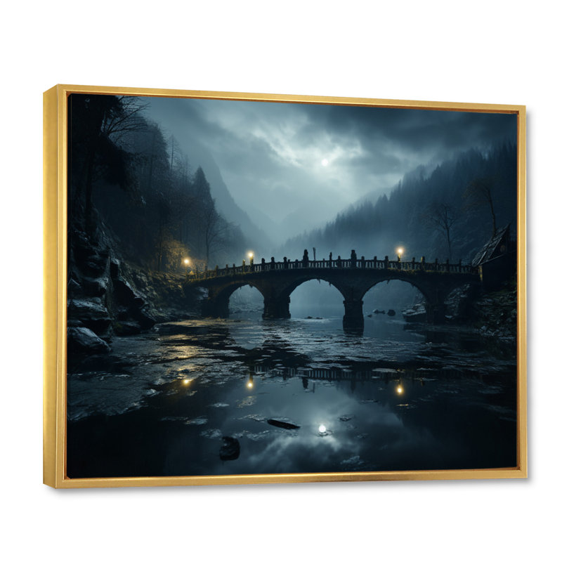 «Blue Bridge In Silence I», impressions d'art mural, Cadre flottant doré, H 30 po x l 40 po x P 1,5 po