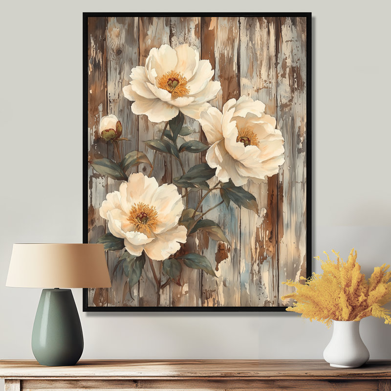 Pe pivoines par la porte de grange III - pivoines, reproduction d'art sur toile encadrée, H 40 po x l 30 po, Noir